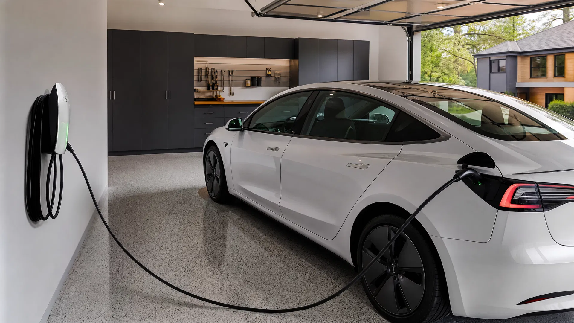 EV charging station installed in a home garage