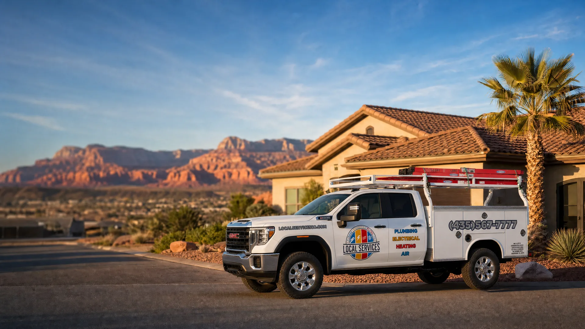 Local Services Inc. service truck parked in front of a stucco home in St. George, UT with red rock cliffs in the background — plumbing, electrical, heating and air — (435) 567-7777
