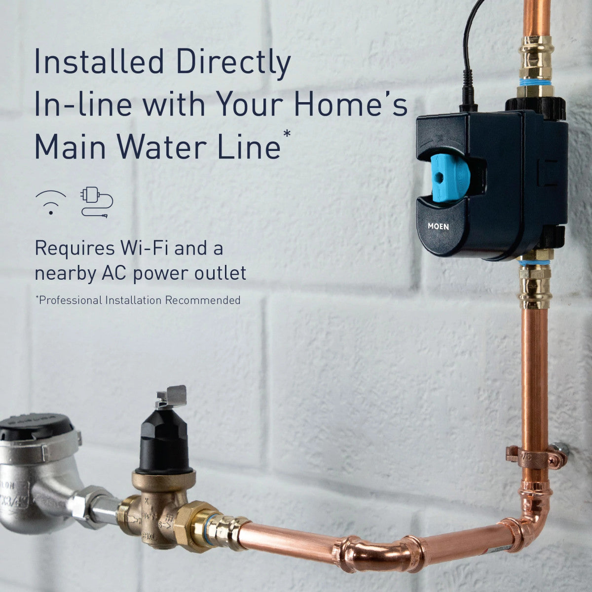 Moen Flo Smart Water Monitor installed on main water line copper pipe