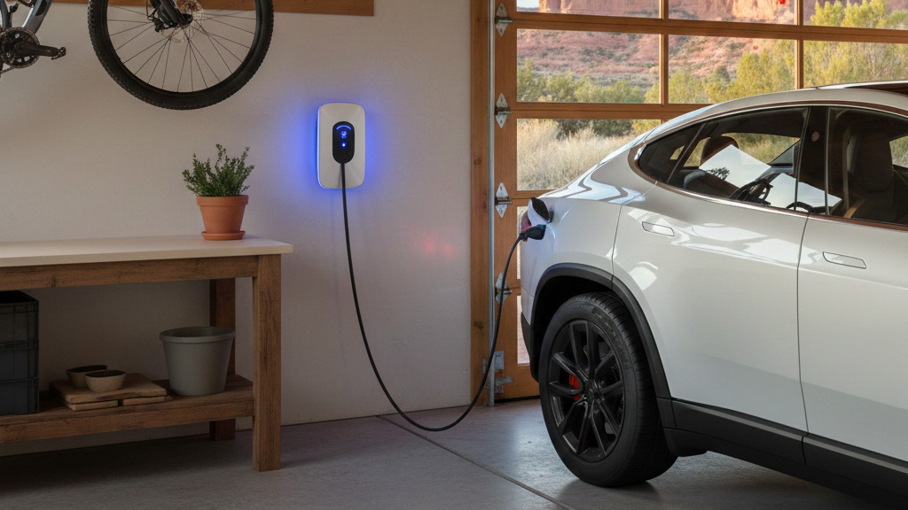 EV car charging in garage with Level 2 home charger in Utah